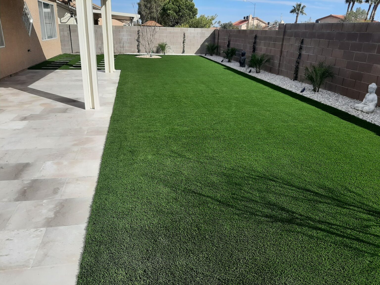 Backyard artificial turf lawn installed by FreshStart Landscaping in Las Vegas