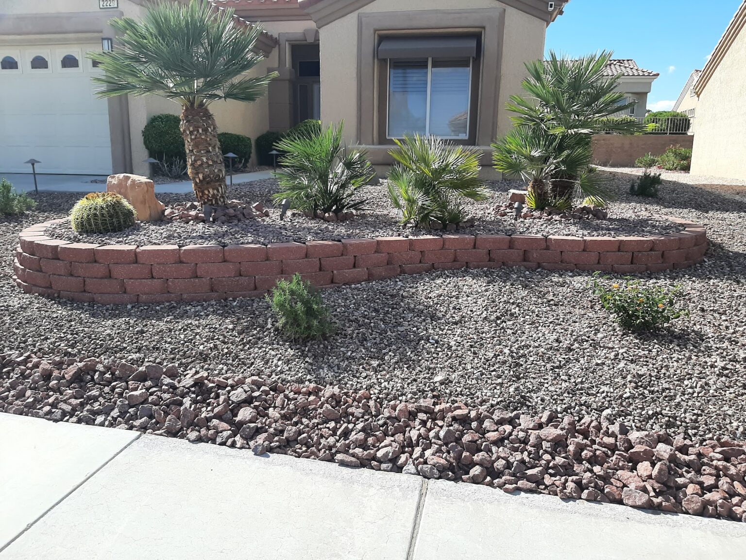 Front yard desert landscaping with rock and palms by FreshStart Landscaping in Las Vegas