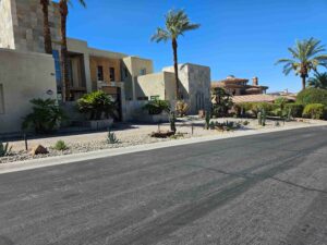 desert front landscaping with palm trees, cactus and stone garden bed in Las Vegas Nevada by FreshStart Landscaping