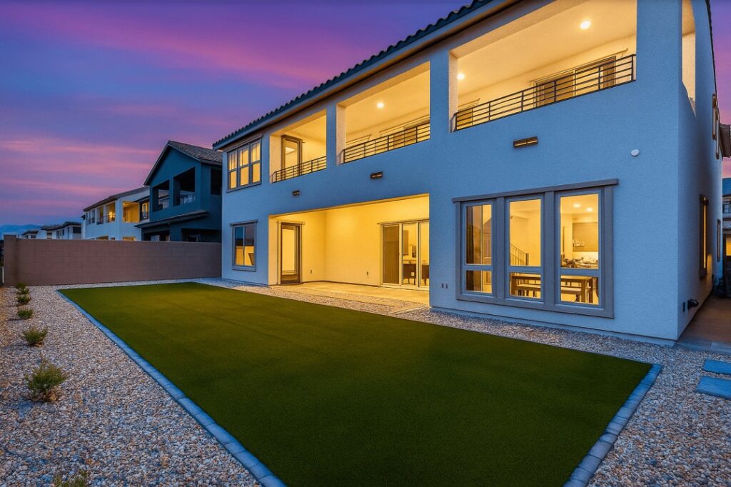Modern Las Vegas backyard with artificial turf and gravel borders at dusk
