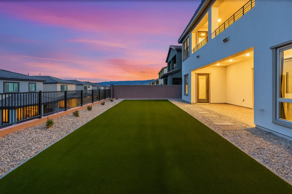 Artificial turf backyard with rock borders and paver walkway at sunset in a Las Vegas home by FreshStart Landscaping